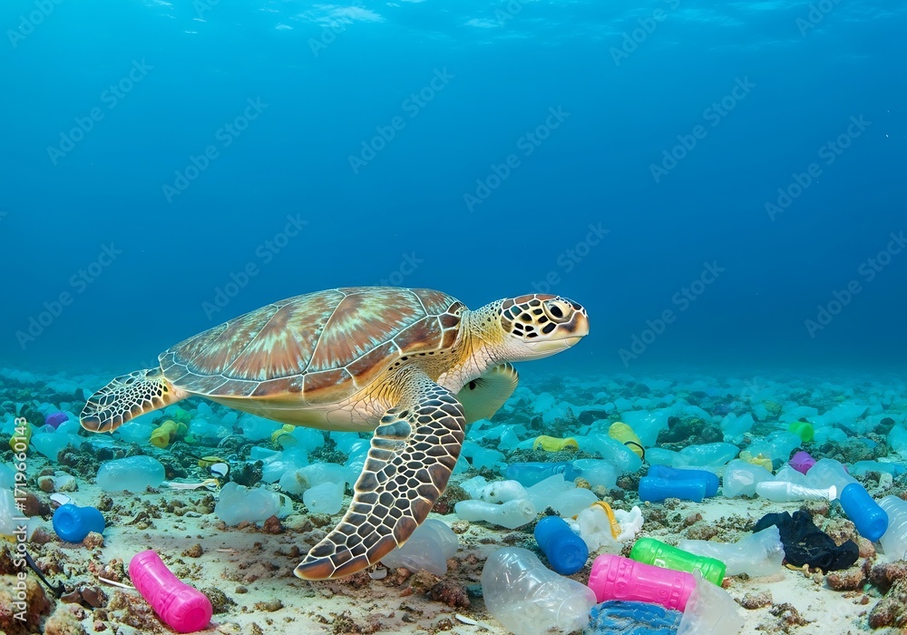 Obraz premium Sea Turtle Surrounded by Plastic Pollution.