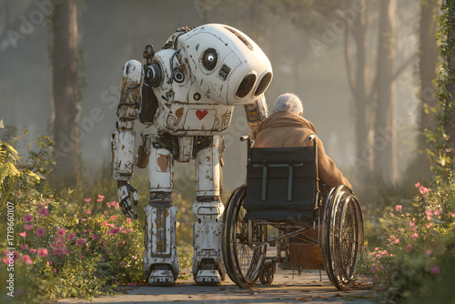 Wallpaper Mural Android robot caregiver assisting an elderly person in a wheelchair walking in park, concept of AI Artificial intelligence healthcare, robotic caregiving, elderly care, and medical technology. Torontodigital.ca