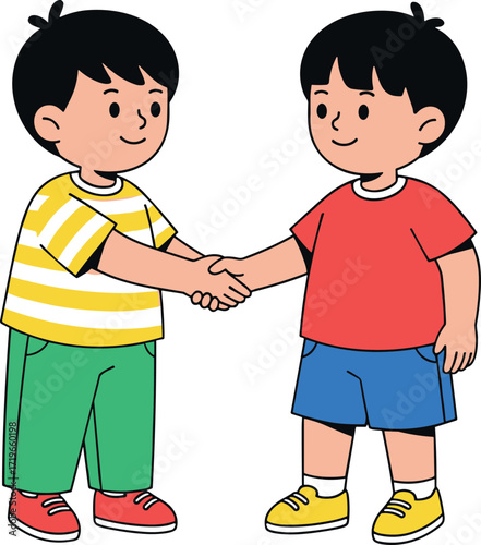 Cartoon children shaking hands in friendly greeting, colorful vector illustration of kids meeting, agreement, friendship, cooperation, and teamwork