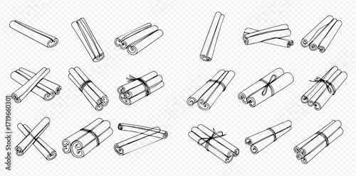 Line art illustration depicting various arrangements of cinnamon sticks, some tied with string.