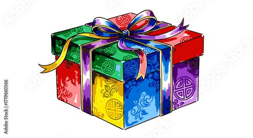 Colorful Gift Box Illustration with Ribbon and Decorative Design, Ideal for Festive Occasions