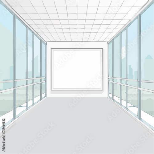 Modern Office Corridor with Large Blank Canvas and City View