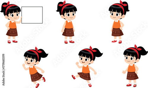 Cartoon girl character in various poses including standing, running, holding sign – cute vector illustration for children and education content
