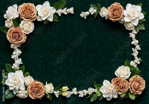 Floral frame features roses and gardenias bordering a dark green velvet background adding elegance