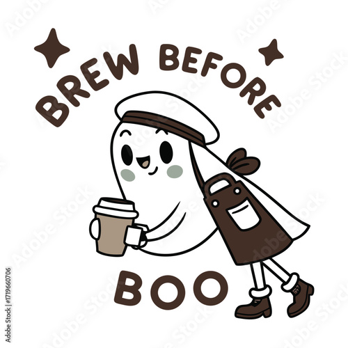 Cute ghost barista with coffee cup kawaii