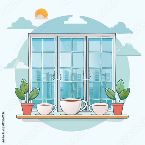 Three Cups of Tea on Windowsill with City View