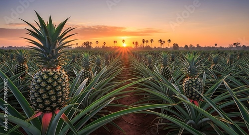 Sunrise over endless pineapple plantation: A tropical fruit farm in the morning glow