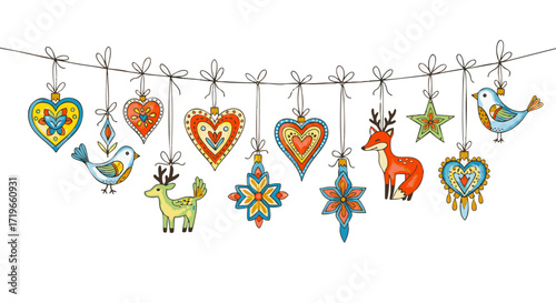 Charming collection of folk art inspired holiday ornaments strung together, featuring whimsical hearts, decorated birds, and festive reindeer, perfect for seasonal celebrations and winter designs
