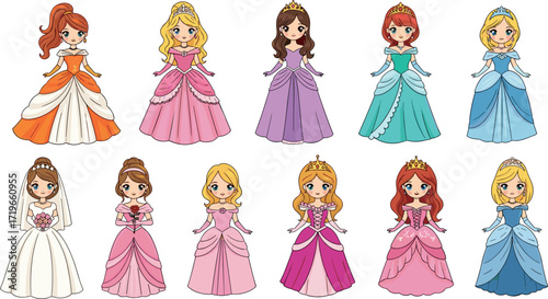 Cartoon princess characters in colorful gowns, wedding dress, tiaras, hairstyles, fairy tale fashion, kids illustration, fantasy royalty clipart set