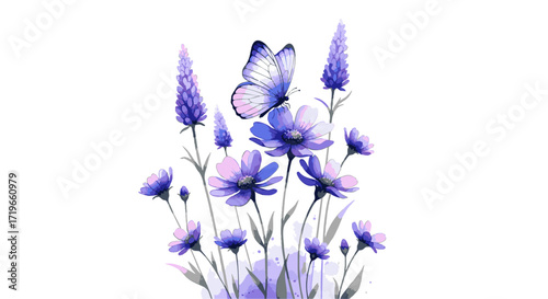 Elegant watercolor art showcasing a delicate butterfly resting on a cluster of vibrant purple and blue blossoms, symbolizing the serene beauty and ephemeral charm of nature's bloom