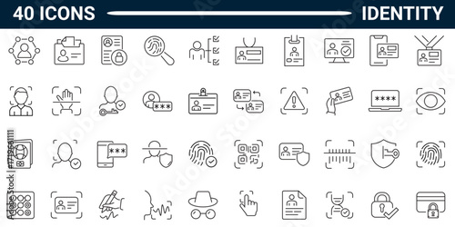 Set of 40 outline icons related to identity. Linear icon collection. Editable stroke. Vector illustration. Pictogram collection.