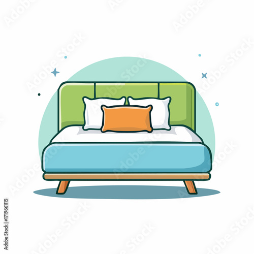 Comfortable Bed with Green Headboard and Blue Bedding