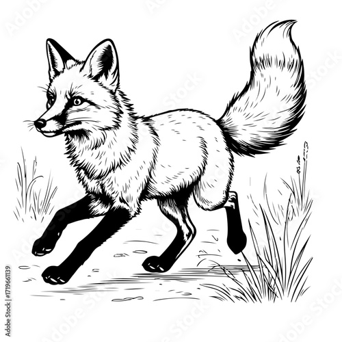 Fox runs along a path in the grass, black and white sketch. Vector illustration. Predatory and cunning animal isolated on a white background. Concept of cunning, grace and protection of forest animals