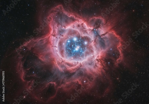Rosette Nebula displays bright stars amidst cosmic dust clouds with a radiant display of celestial beauty
