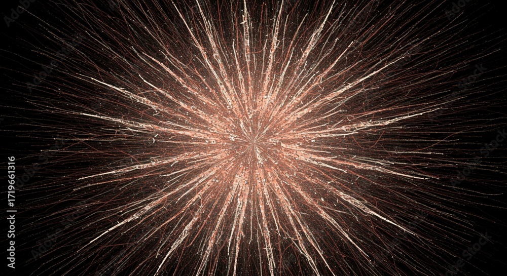 Obraz premium : An explosive radial burst of fine lines and dots, starting dense in the center and fading out, creating a gradient effect with stippling.