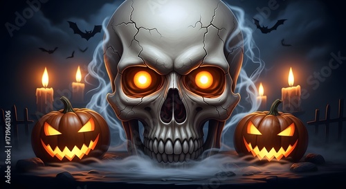 An eerie jack-o'-lantern and spooky skull, surrounded by a dark pumpkin patch, create a scary Halloween night illustration