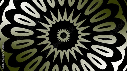 Abstract radial pattern with concentric circles and pointed shapes radiating from the center in shades of green and black.