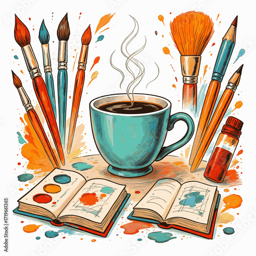 A creative vector illustration of a coffee cup surrounded by artist tools like paintbrushes, pencils, and sketchbooks, in a colorful hand-drawn vector style