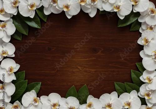 White orchids frame a dark wood backdrop creating an elegant border design element