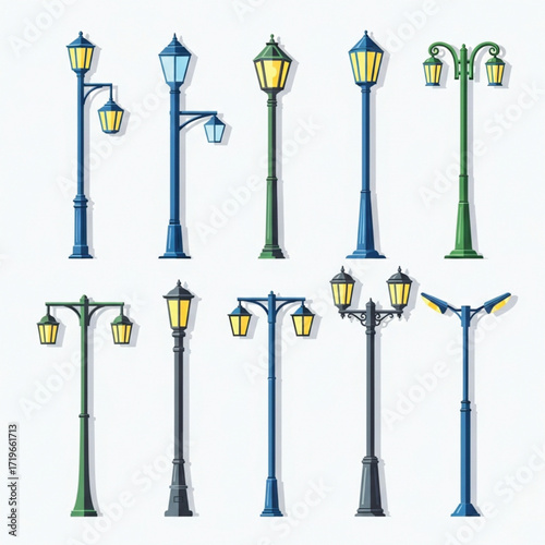 Collection of Colorful Cartoon Street Lamps with Varying Designs and Styles.