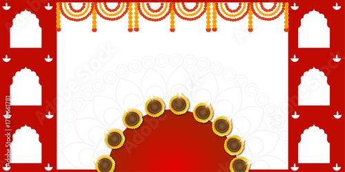 Colorful Indian festive background with traditional decorative door, hanging marigold flower garlands, and oil lamps, diyas. Perfect for Diwali, wedding invitation cards, festival greeting background.