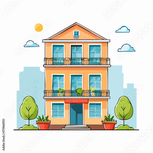Orange Three Story Building with Balconies and Plants