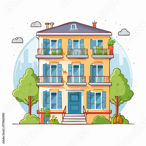 Yellow Building with Blue Shutters and Balconies