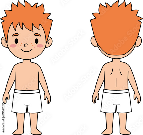 Front and back view cartoon boy character with orange hair, white shorts, freckles, anatomy reference for children education and design