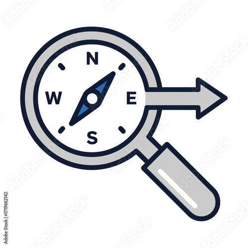 A symbolic vector icon combining a compass and magnifying glass, illustrating the duality of strategic direction and detailed search analysis