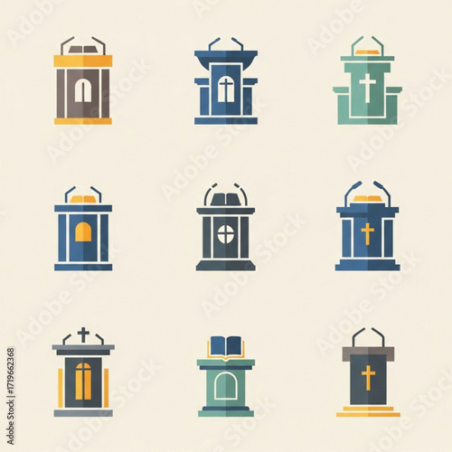 Collection of Church Pulpit Icons with Crosses and Open Books in Various Colors.