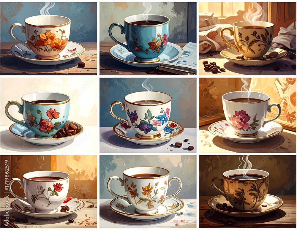 Obraz premium A collection of detailed coffee cups, each with a unique floral pattern, in various settings and lighting