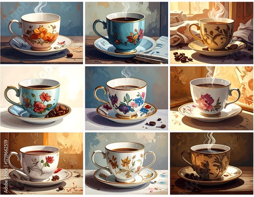 A collection of detailed coffee cups, each with a unique floral pattern, in various settings and lighting
