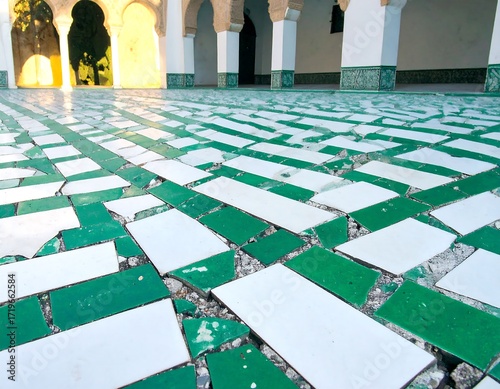Intricate patterned tile floor in a courtyard