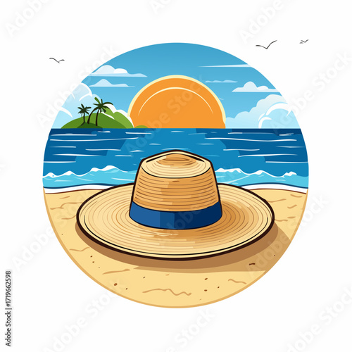 Straw Hat on Sandy Beach at Sunset