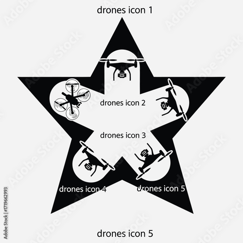 Dynamic collection of unmanned aerial vehicle icons presented within a stylized black star graphic, illustrating various drone designs and technological advancements for modern digital applications