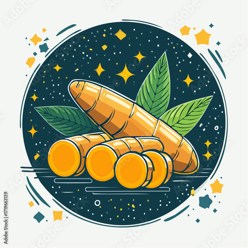 Turmeric Root Slices with Leaves on Dark Background