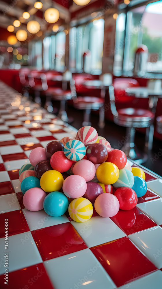Naklejka premium Pile of colorful gumballs on red and white checkered surface in a retro diner setting scene capture