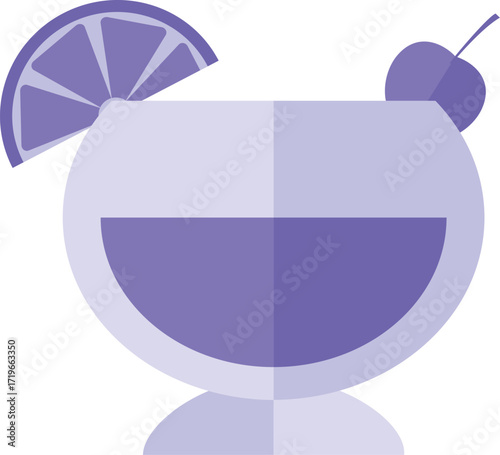 Minimalist purple cocktail in stemmed glass garnished with citrus wedge and cherry.