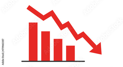 Red downward trend arrow over declining bar chart represents financial loss and recession isolated on white background