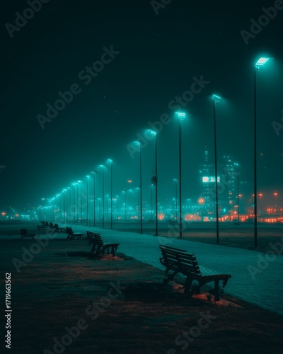 Solar-Powered Streetlights Illuminating Eco-Friendly Urban Park at Night