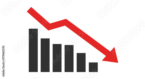 Financial decline illustrated by downward bar chart and red arrow symbolizing recession isolated on white background
