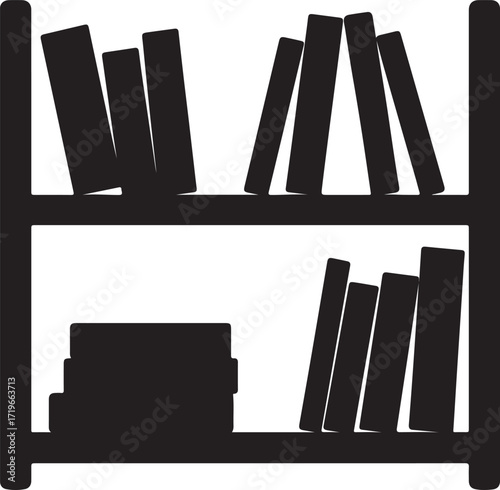 A black silhouette of a two shelf bookcase filled with books and a stack of books on the bottom shelf isolated on white background isolated on transparent background