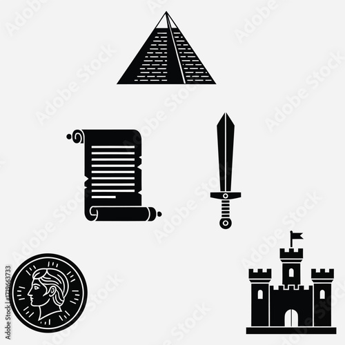 Ancient and medieval history symbols vector set. Features pyramid, scroll, sword, castle, and antique coin. Ideal for heritage, knowledge, and past civilization graphics