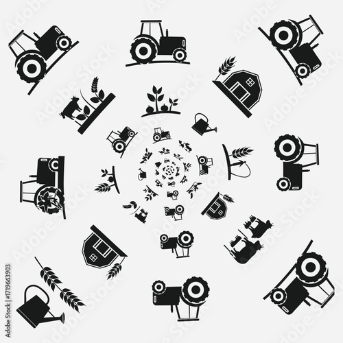 Farm icons and elements arranged in a spiral pattern, including tractors, watering cans, and crops