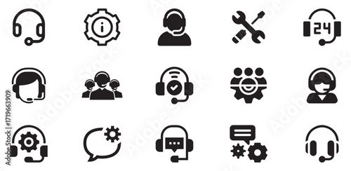 Customer service and support icon set. Containing assistance, operator, help desk, technical, call center, contact, 24 hour chat answer, guidance, info, message, question, faq. Vector illustration. 