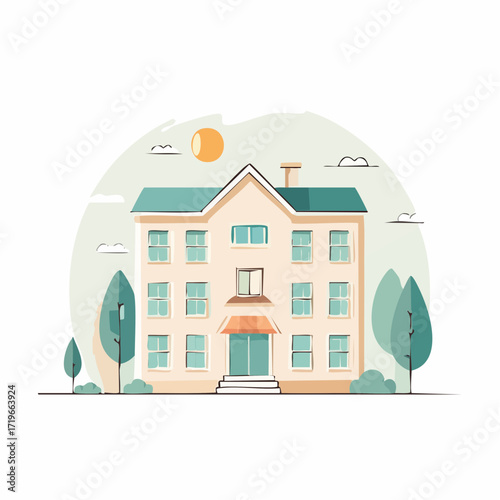 Cream Building with Teal Roof and Green Trees