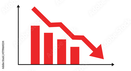 Red downward trend graph illustrating financial decline and market volatility isolated on white background