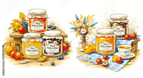 A charming collection of assorted artisanal fruit jams and preserves in glass jars, beautifully arranged with fresh fruits and delicate wildflowers
