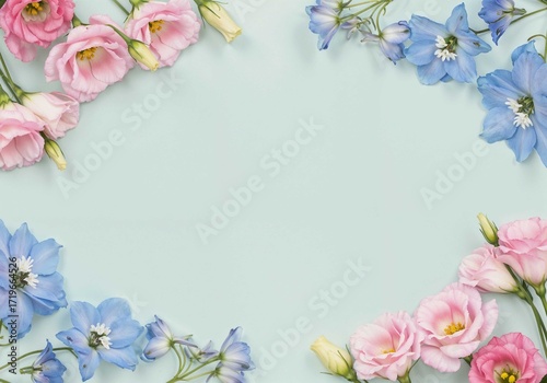 Floral arrangement features pink and blue blooms framing a pastel background beautifully ideal for gentle designs