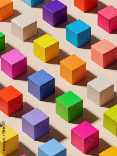 Many wooden blocks in various colors are organized in a grid-like pattern. Each block casts a soft shadow on the light surface, enhancing the visual appeal